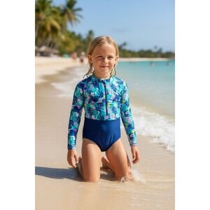 Wave Zone Girls' Tropical Floral L/S One Piece Swimsuit 7-8Y resort vacation‎